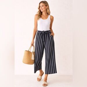 J. Jill Linen Blend Paperbag Waist Crop Pants Striped Wide Leg Coastal Resort SP